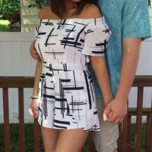 Black and White Off-Shoulder Flutter Sleeve Mini Dress